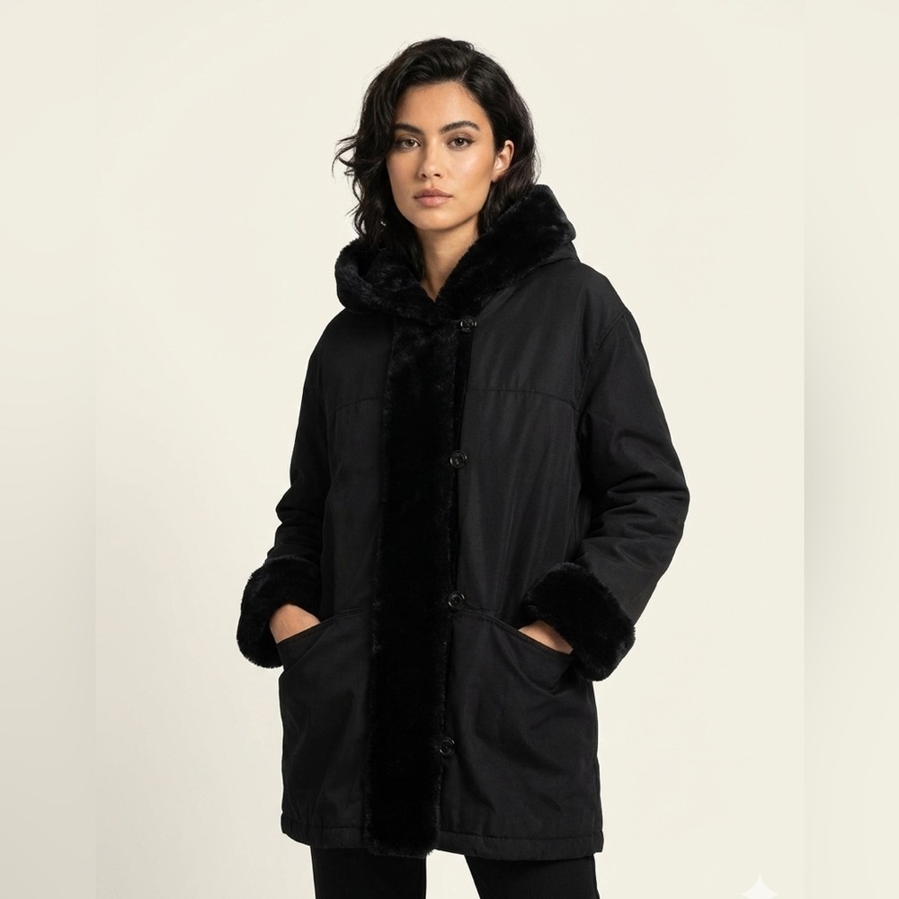 Vintage Black Hooded Faux Fur Button Down Coat - size L
